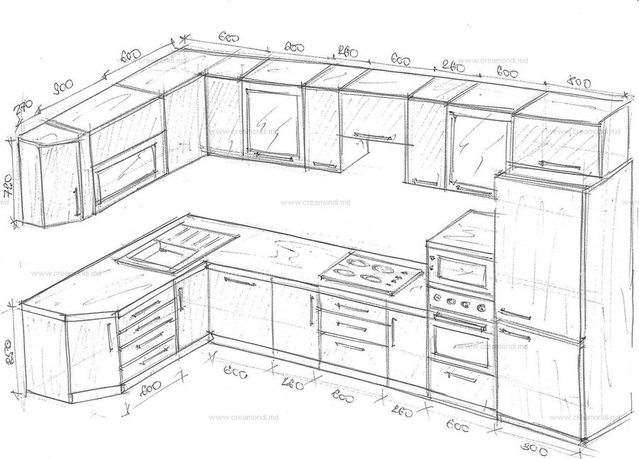Чертеж кухни с размерами всех шкафов