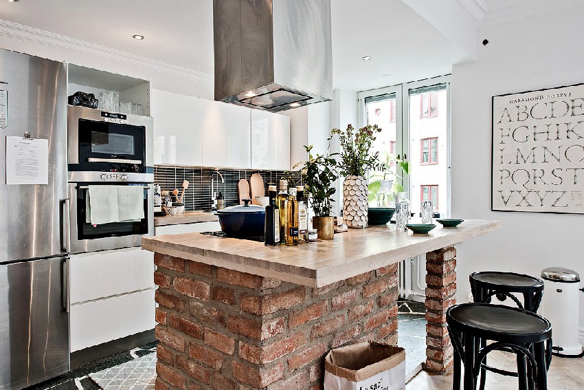 one-room Scandinavian apartment renovated kitchen