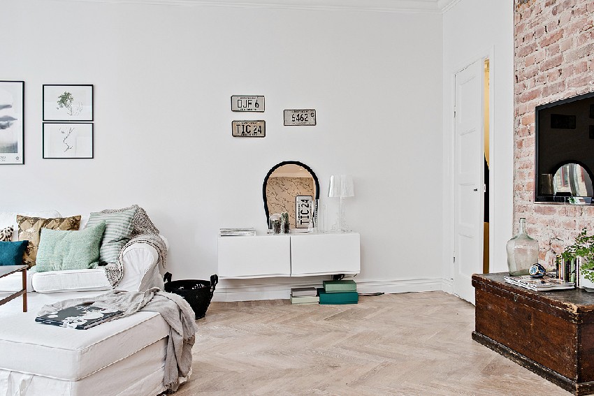 one-room Scandinavian apartment vanity with mirror