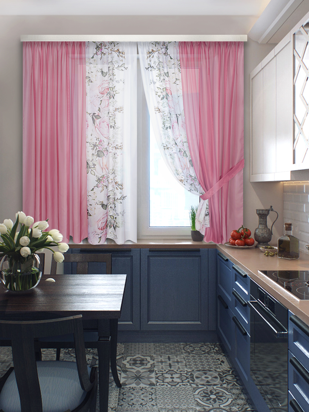 скомбинировать шторы двух цветов фото на кухне