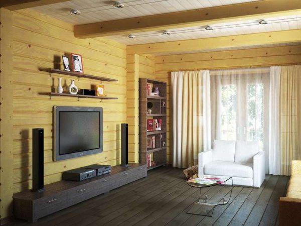 светлый интерьер гостиной в деревянном доме