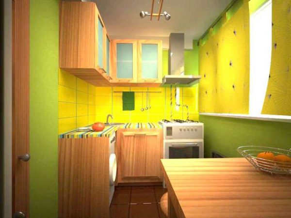 жёлто-зелёный интерьер малогабаритной кухни