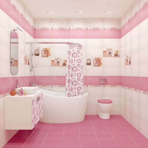 интерьер розовой ванной с туалетом
