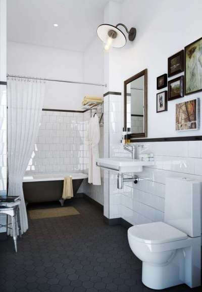 чёрно-белый интерьер ванной комнаты с туалетом