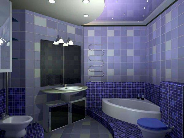 интерьер фиолетовой ванной с туалетом
