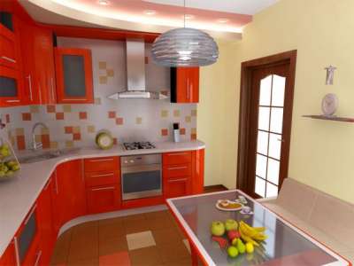 оранжевая кухня с глянцевыми фасадами
