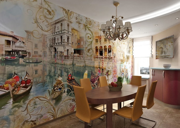фотообои с изображением Венеции в интерьере кухни