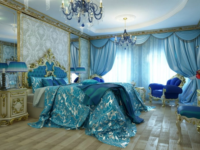 интерьер спальни в золотых и голубых оттенках