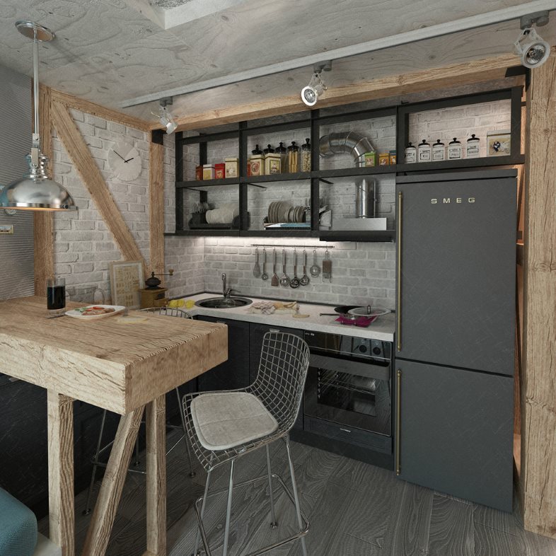 Деревянная барная стойка в маленькой кухне стиля лофт