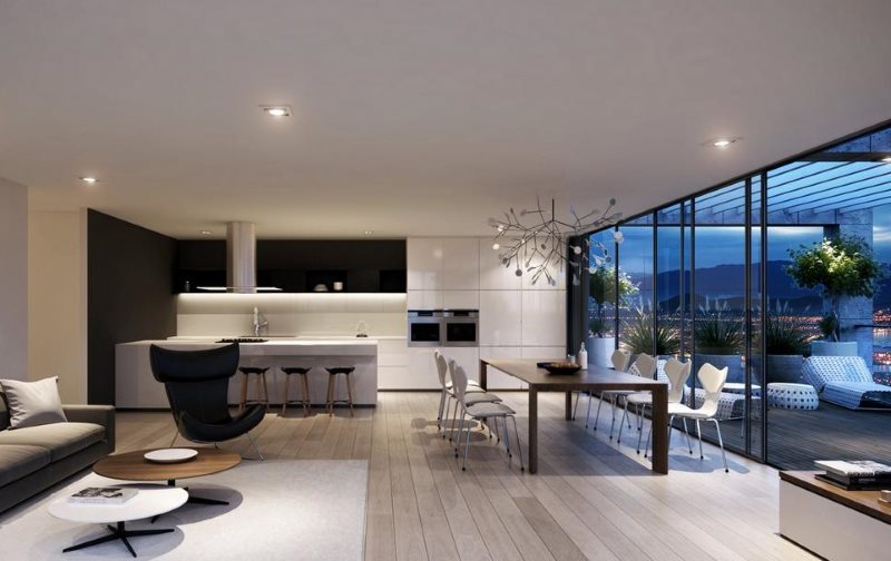 Дизайн кухни-гостиной в стиле хай-тек с панорамными окнами