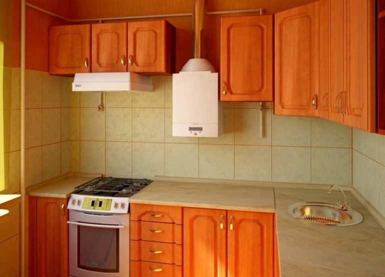Угловая кухня с газовым водонагревателем на стене