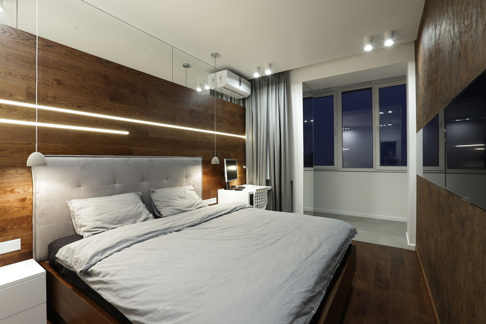 Интерьер спальной комнаты с лоджией в стиле хай-тек
