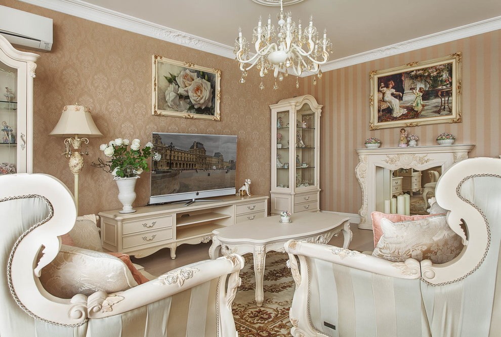 гостиная в классическом стиле с белой мебелью