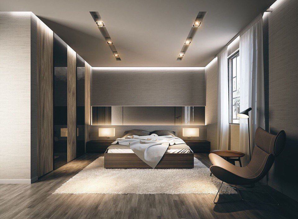 Парящий потолок в современной спальне
