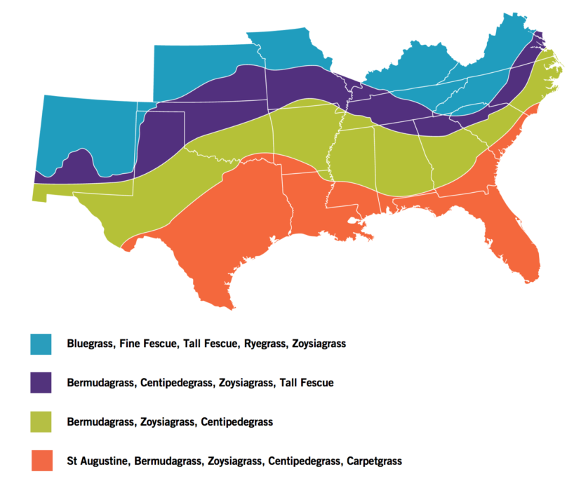 Figure 1. Typical use ranges of turfgrass for lawns in Southern United States Illustration by Walker Massey, PSA Communications