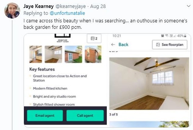 Jaye Kearney replied to the original tweet to share a property she had come across when looking for a new place which was priced at a whopping £900 a month for an outhouse in someone