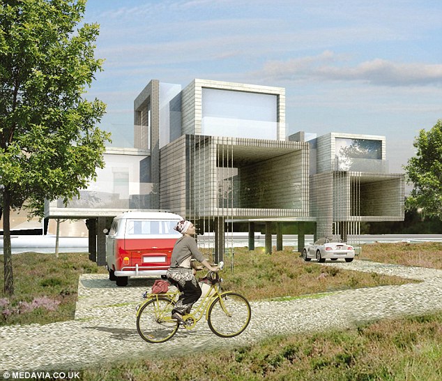An image of the houses on stilts that are to built in Suffolk to keep people