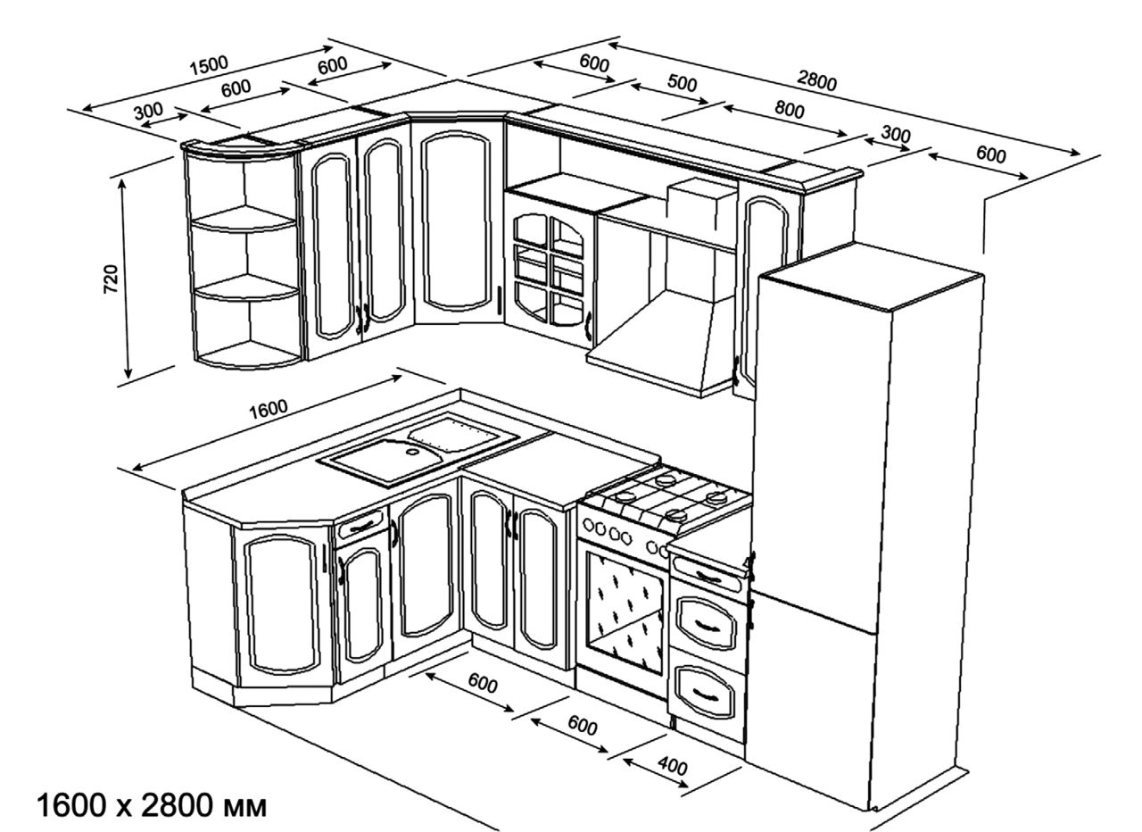 Эскиз угловой кухни 1200х2500