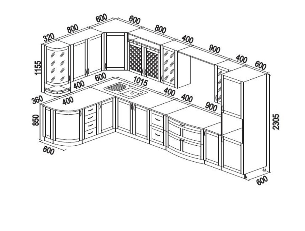 Схема кухонного гарнитура с размерами