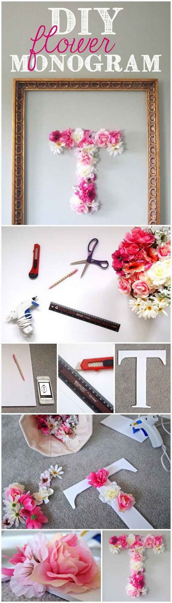 DIY Faux Flower Monogram. Make a pretty decorative letter with faux flowers for teen girls room decor! Totally easy and quick to make in hours!