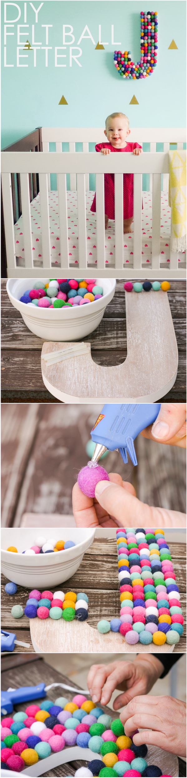 DIY Felt Ball Letter. Felt balls add a quirky, whimsical touch to any room with their soft, cushy texture. DIY felt ball letters are great for the nursery decor with its wide variety of colors and sizes!