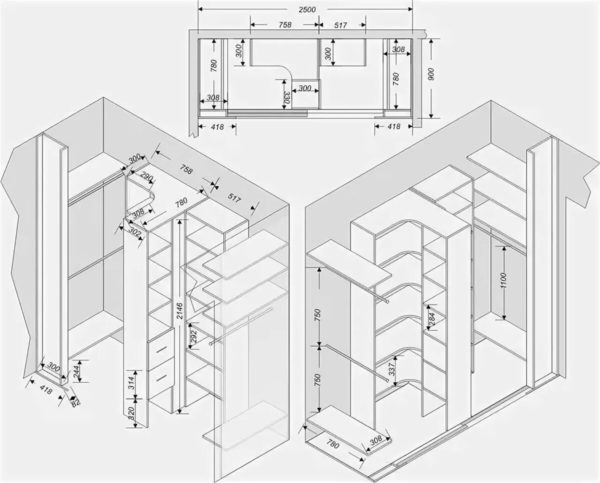 Гардеробные с размерами полок