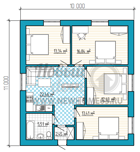 Планировка дома размером 10 на 11 метров с 4-мя спальными, одну из которых можно использовать в качестве рабочего кабинета, и общей кухней-гостиной.