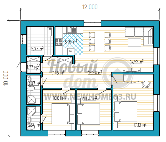 Планировка одноэтажного дома с большим общим пространством, спальной для родителей и двумя детскими