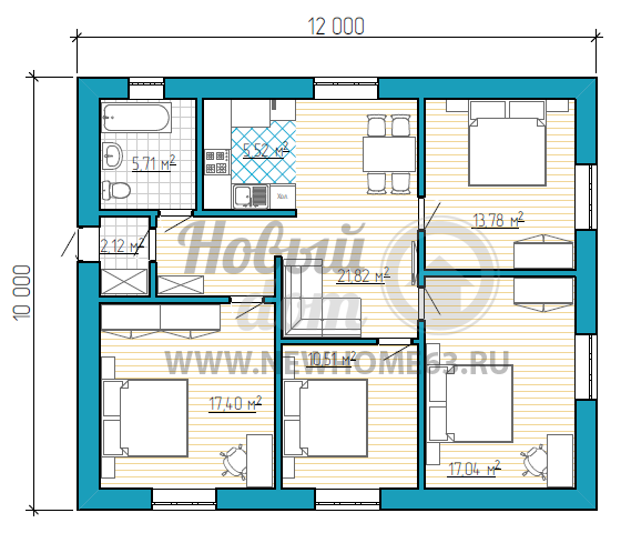 Планировка одноэтажного частного дома с четырьмя спальными комнатами и гостиной