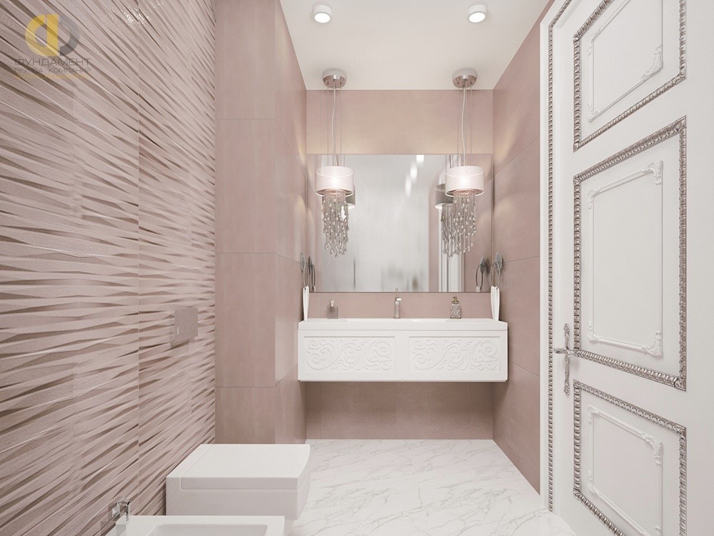 Интерьер ванной комнаты в белых и розовых тонах