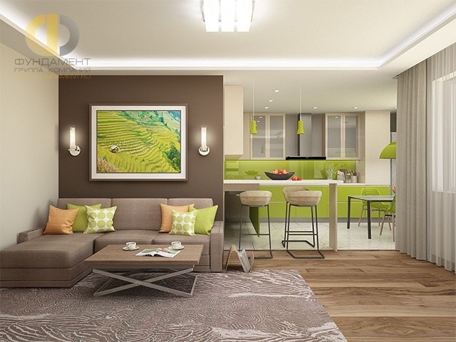 Интерьер гостиной в квартире в современном стиле с салатовыми акцентами 