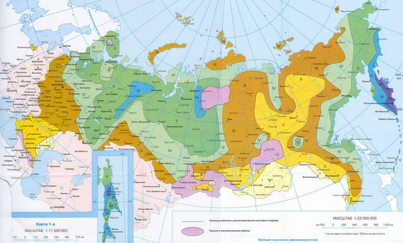 Карта рассчитанных снеговых нагрузок на территории Российской Федерации
