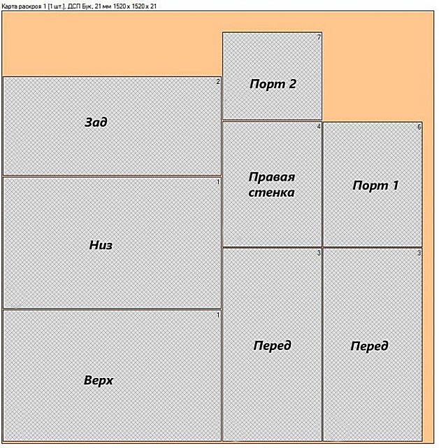 Пример карты раскроя ДСП листа под размеры заготовок мебели.