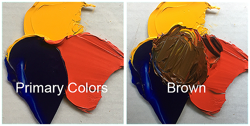 Primary colors mixed to make brown