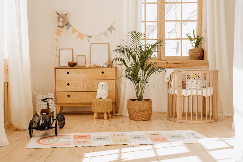 Chalet Baby Bedroom Interior with Cozy Cradle Bed stock photos