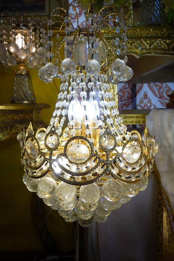 Chandelier with crystal pendants. In temple royalty free stock image