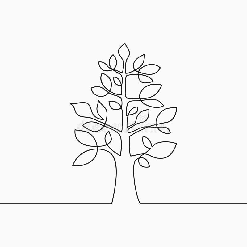 Continuous line drawing of tree with leaf. One line wood, plant and leaves. Hand-drawn illustration for logo, emblem. stock illustration