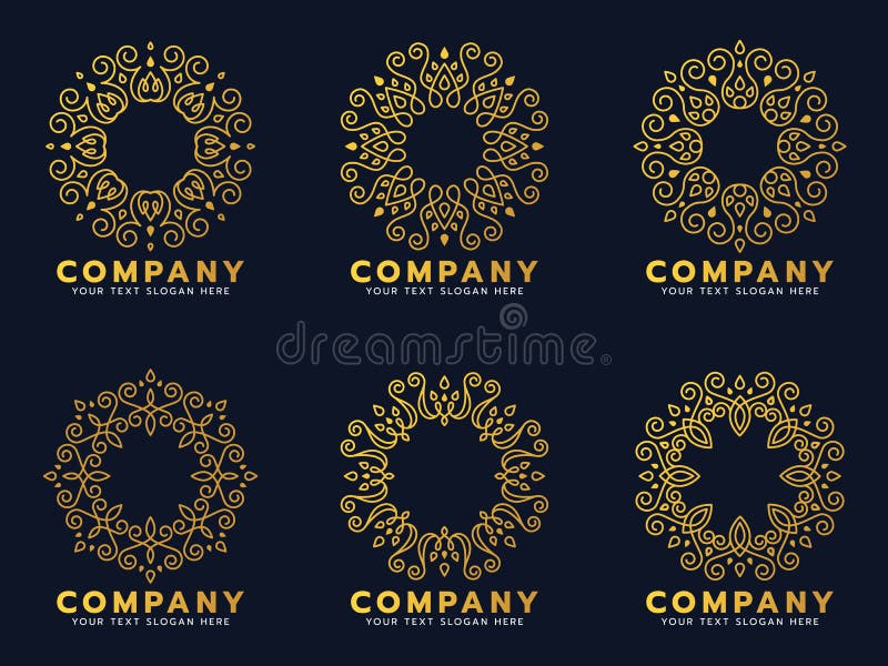 Gold circle flower line art for logo and frame vector set design vector illustration