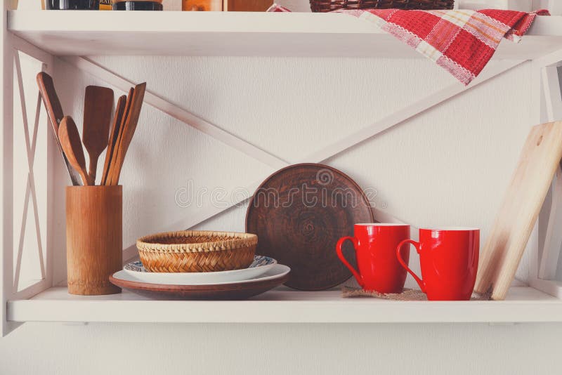 White wooden shelf, kitchen rustic furniture stock photography