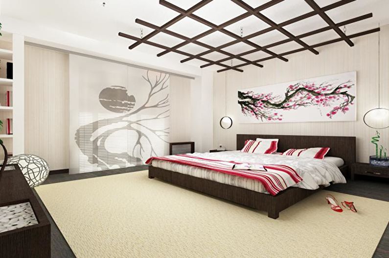 Дизайн спальни в японском стиле - Отделка потолка