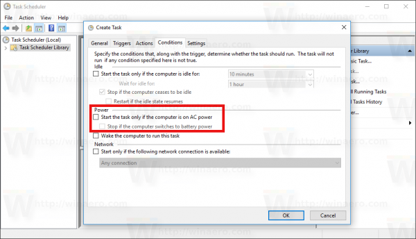 Windows 10 Create Task window Conditions unticked