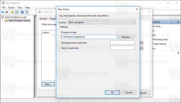 Windows 10 Create Task window new action dialog