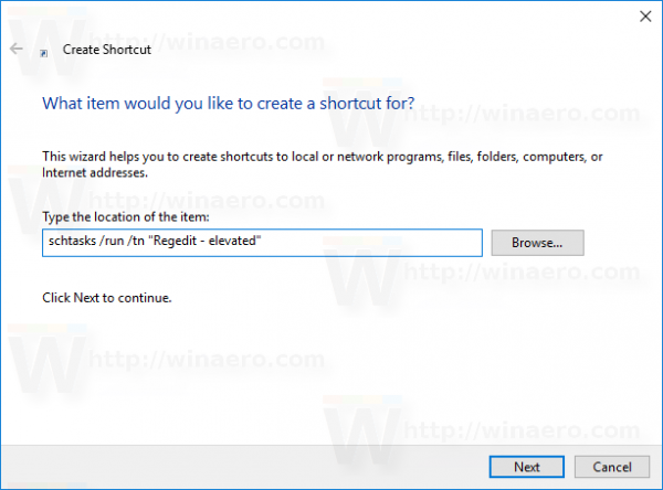Windows 10 schtasks shortcut target