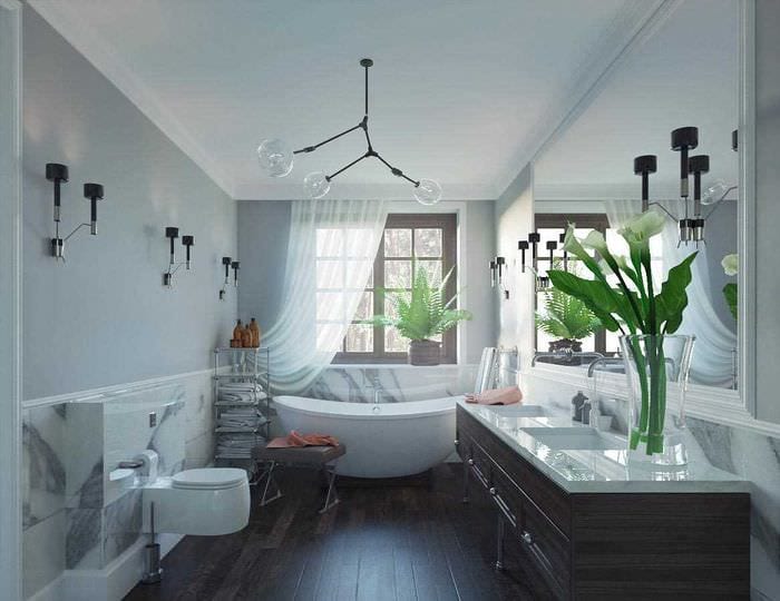 идея современного интерьера ванной с окном