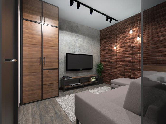 Кирпичная стена в дизайне однокомнатной квартиры в стиле лофт