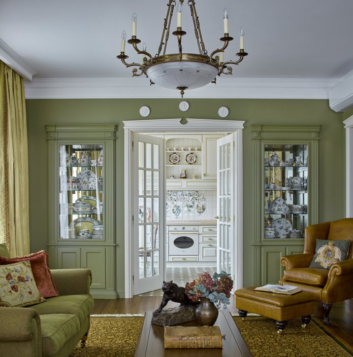 Оливковый цвет в дизайне гостиной классического стиля
