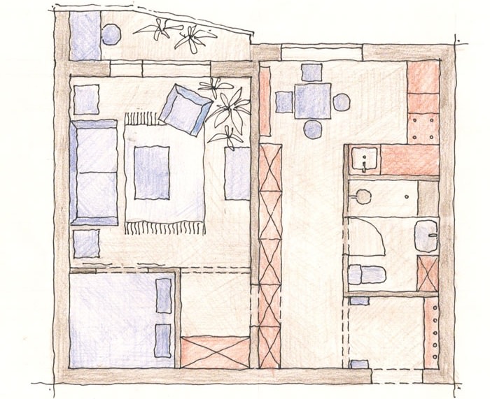 Схема планировки однокомнатной квартиры в для проживания двух человек