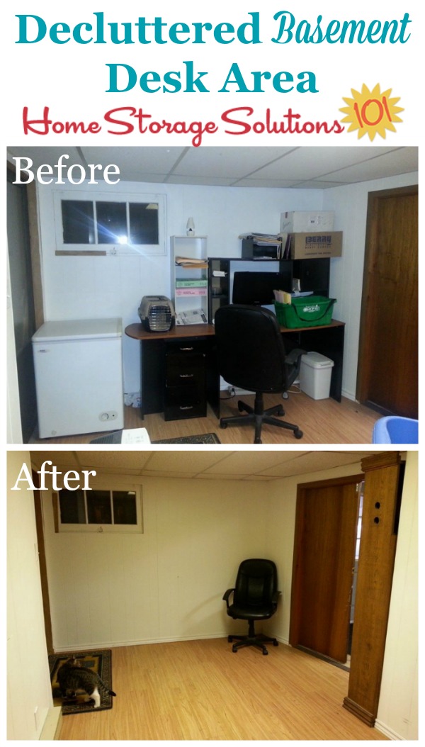 Before and after when decluttered basement desk area {featured on Home Storage Solutions 101}