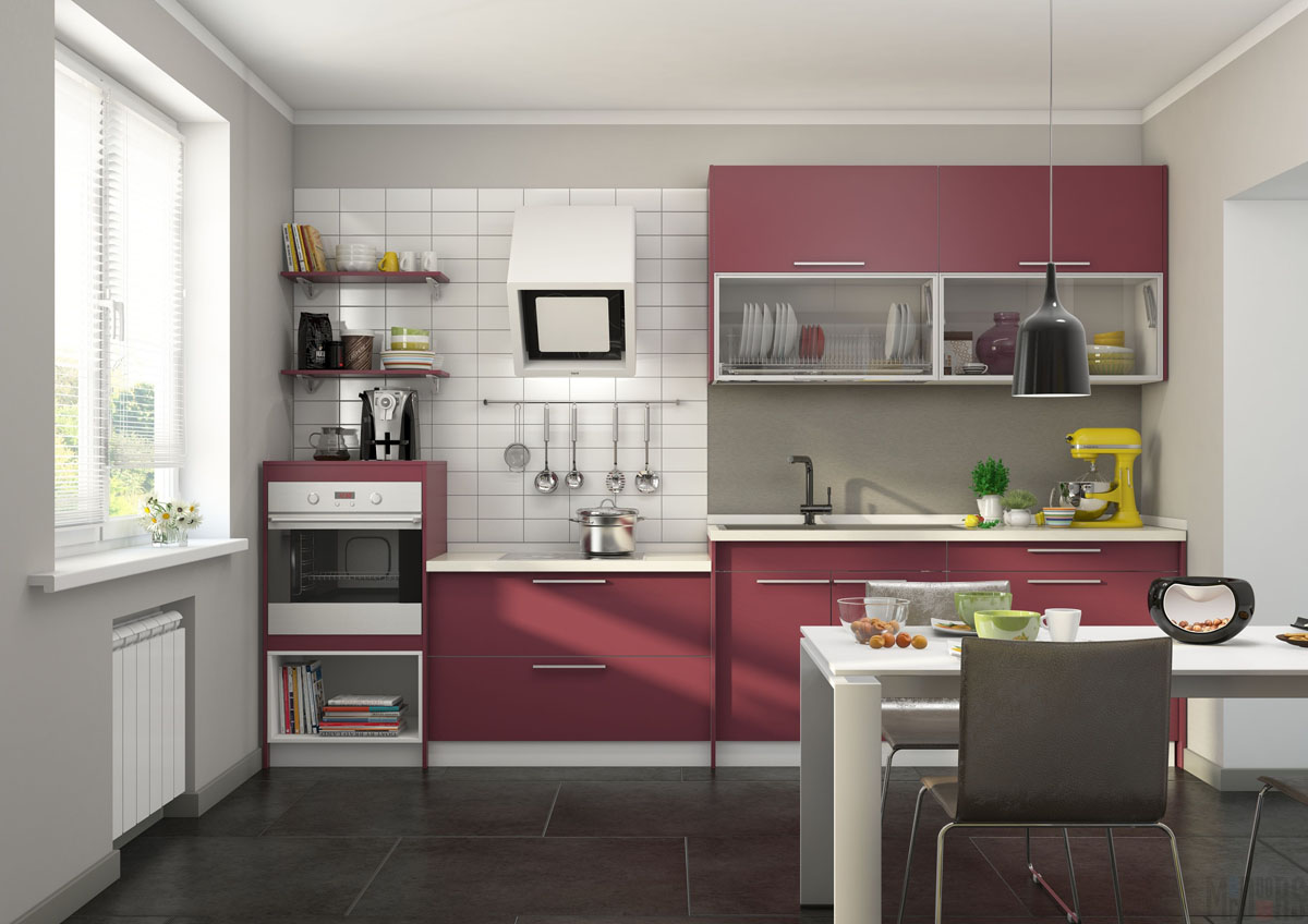 Кухонный гарнитур с фасадами виноградного цвета