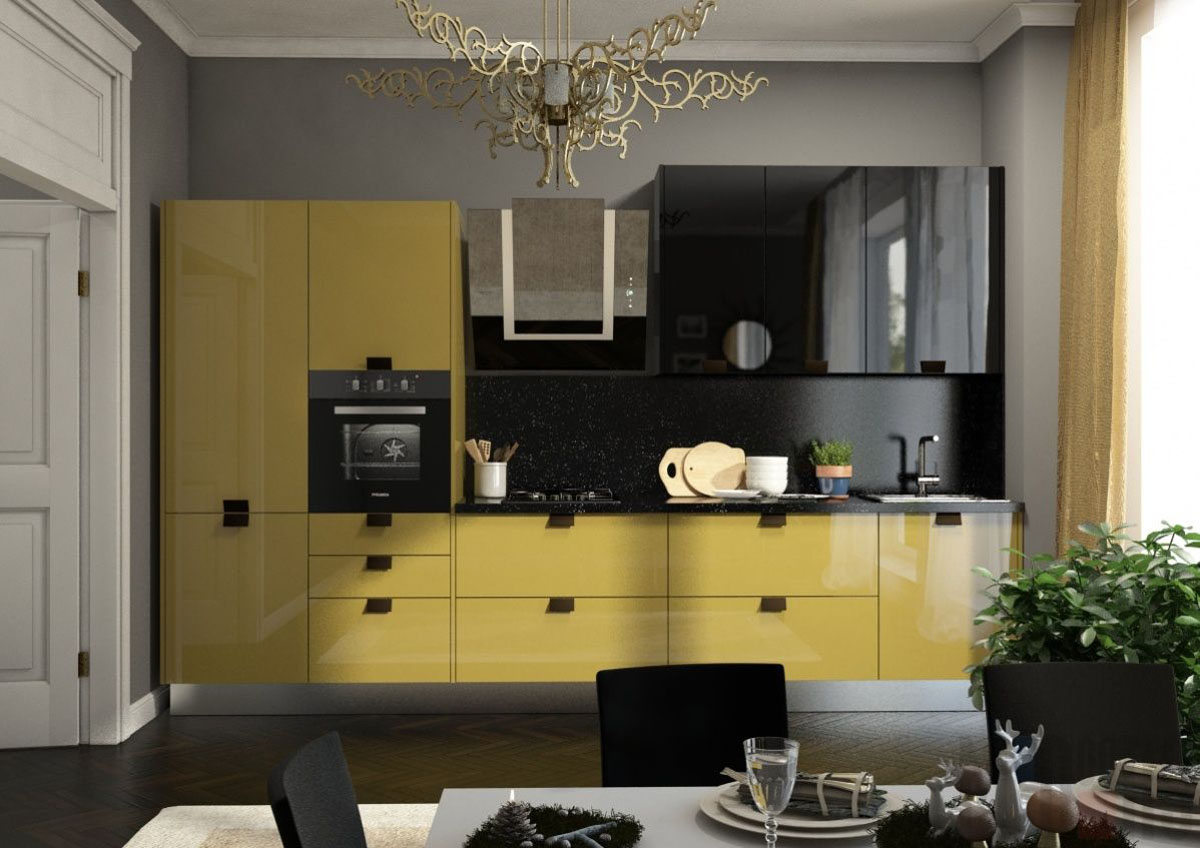 Линейный кухонный гарнитур с оливково-черными фасадами